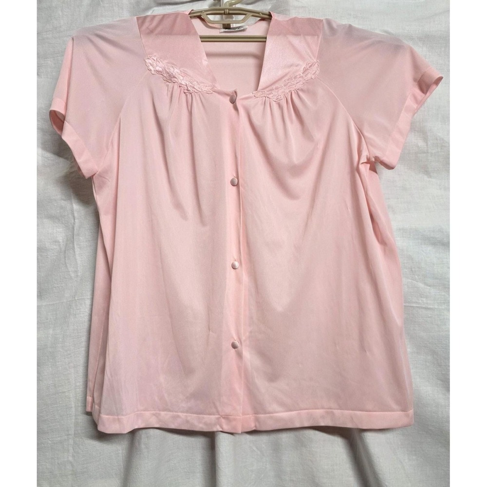 Vintage Vanity Fair Pink Pajama Top Women Med Snap Front Short Sleeve 27" Nylon